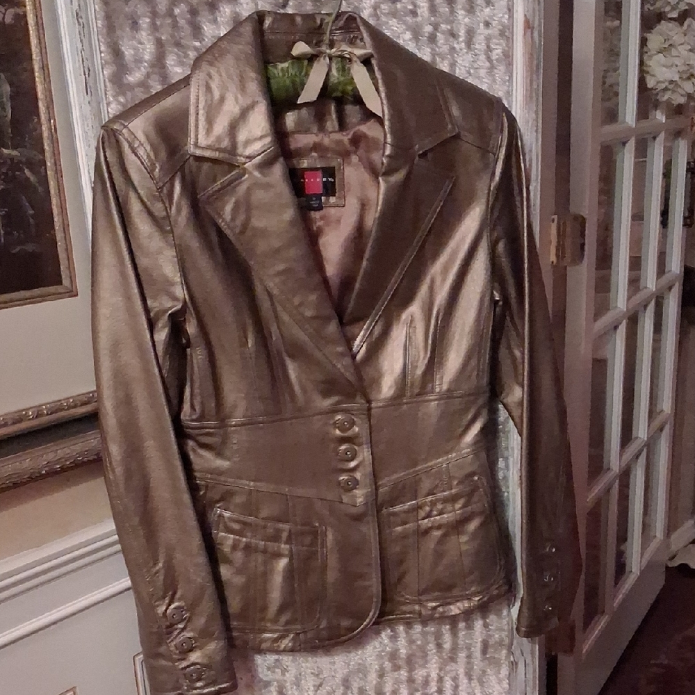 Gallery Shimmering Gold Women's Blazer With Matching Leather Bag